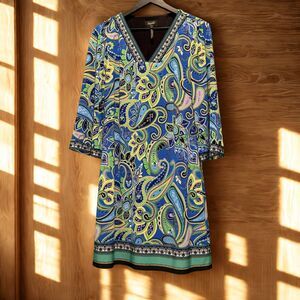 Laundry by Shelli Segal Dress Small Blue Green Paisley Tunic V-Neck Boho
